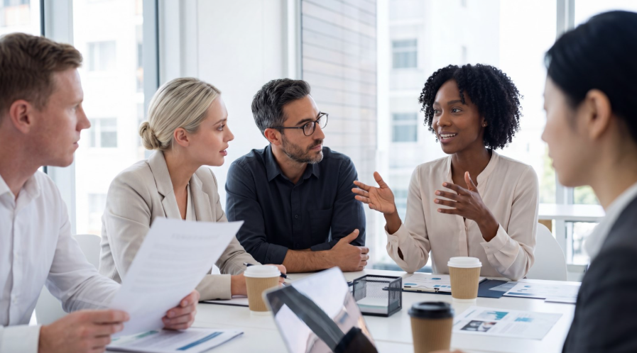 Diverse business team working together in a collaborative meeting