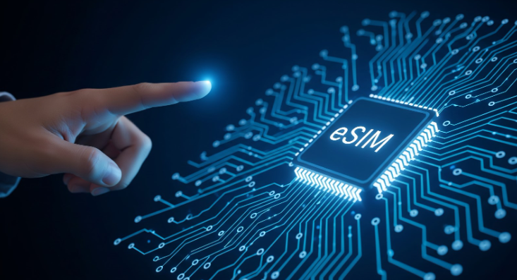 Digital eSIM chip illustration with glowing circuit connections
