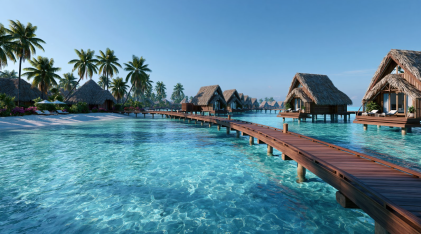 Tropical overwater resort destination for international travel